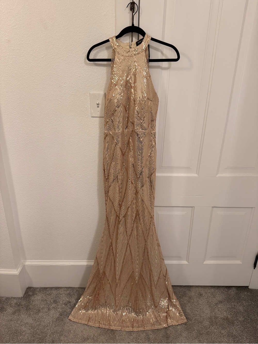 High Neck Sequin Prom Gown in Pink Champagne with Beaded Shoulder Detail
